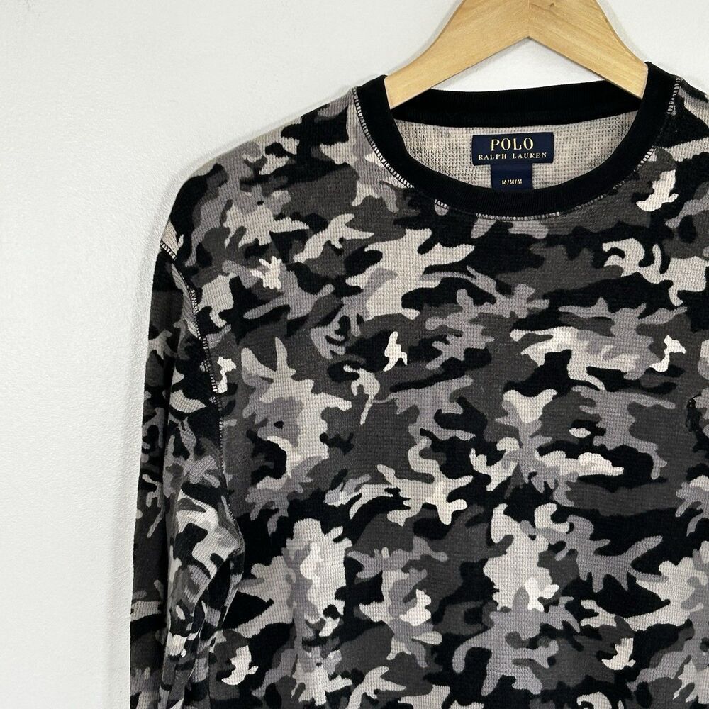Men's Polo Ralph Lauren Waffle Weave Thermal Shirt Size Medium Camo Black Grey - Picture 3 of 9